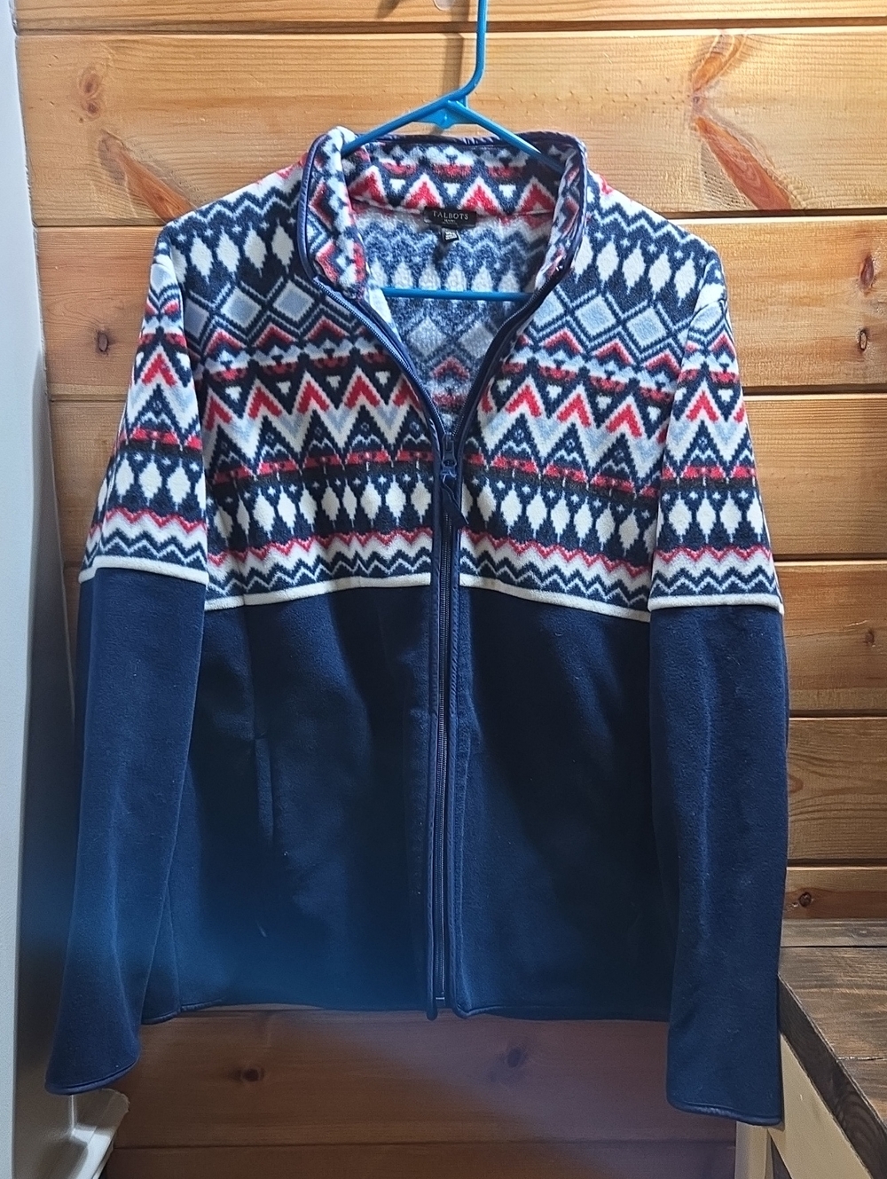 Talbots Navy Fair Isle Zip-Up Fleece Jacket with Red & White Accents Xl Petite